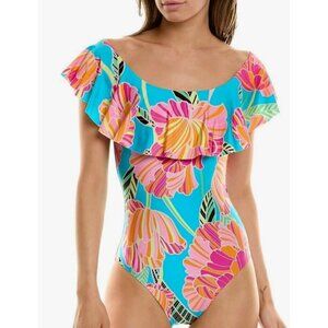 New Trina Turk Poppy Off Shoulder Swimsuit Womens 8 Ruffle One Piece Floral